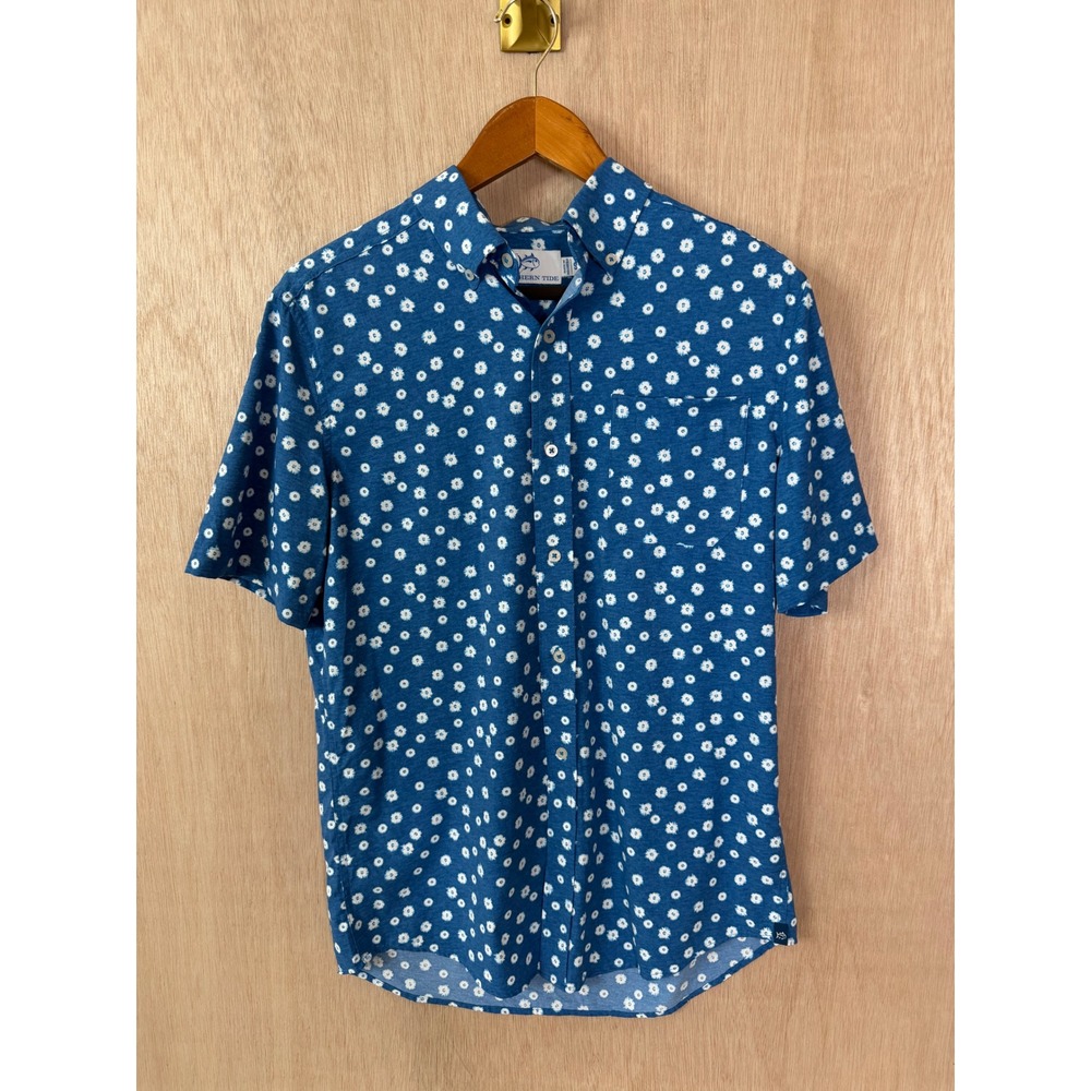 Southern Tide Mens Blue Floral Daisy Short Sleeve Button Down Shirt Size Small